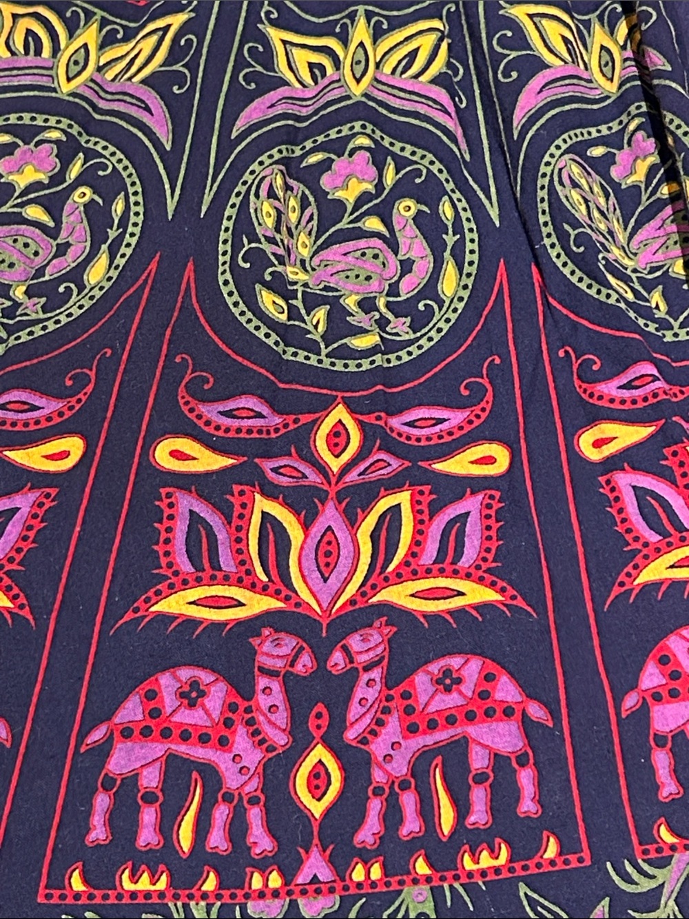 Boho Navy Maxi Skirt with Colorful Elephant Camel Peacock Medallions - Picture 7 of 11